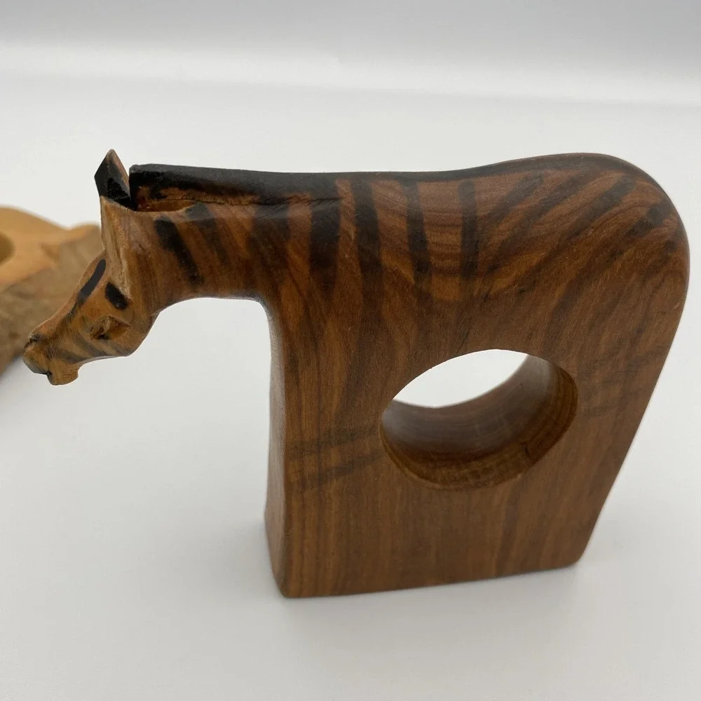 Hand Carved African Safari Animal‎ Wooden Napkin Rings Round Set of 7